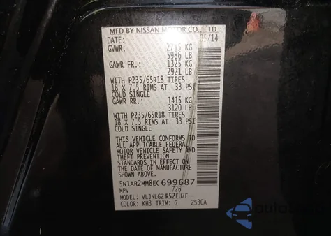 2014 Nissan Pathfinder Sl из США, поврежденный, VIN 5N1AR2MM8EC699687